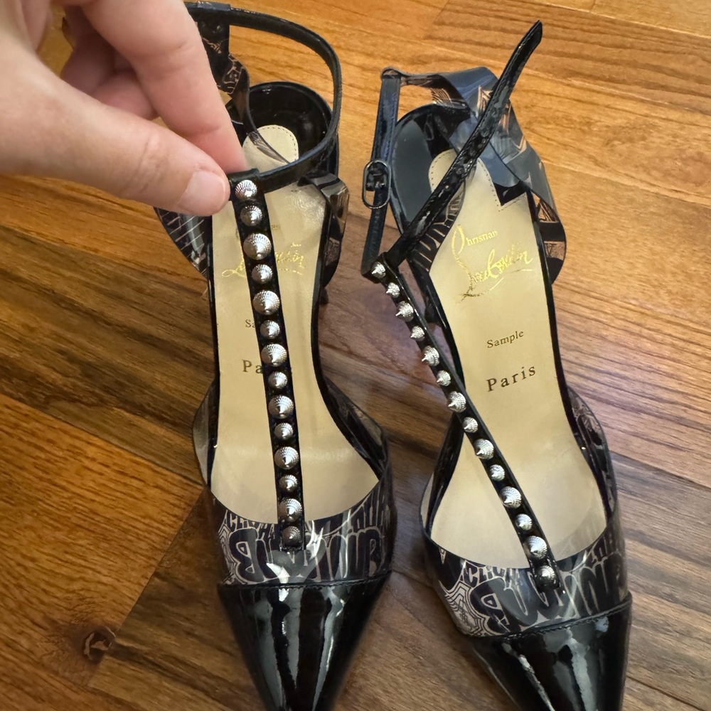 Christian Louboutin Black Strappy Heels with Silver Accents